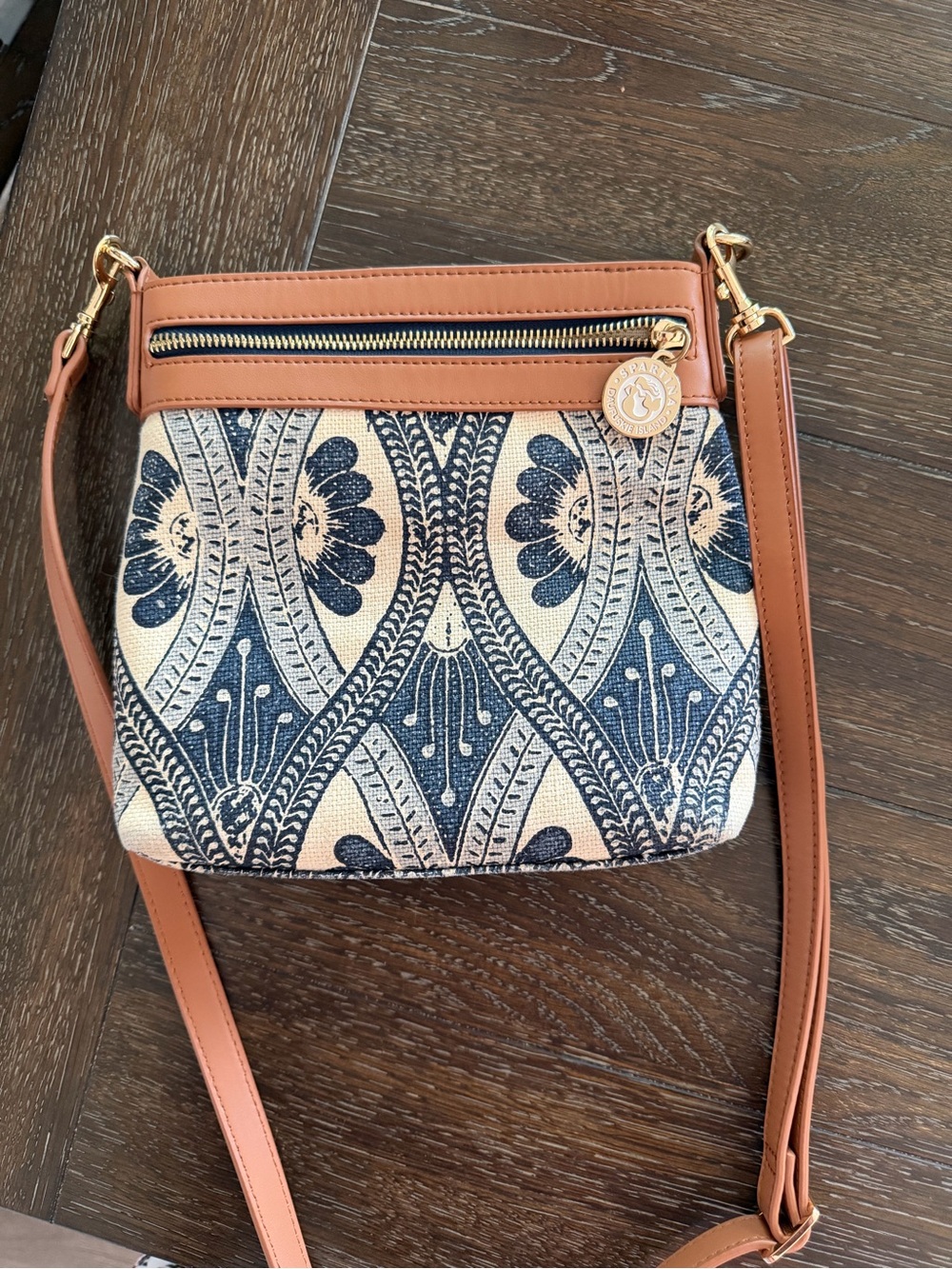 Spartina 449 Navy Floral Crossbody Bag with Tan Trim